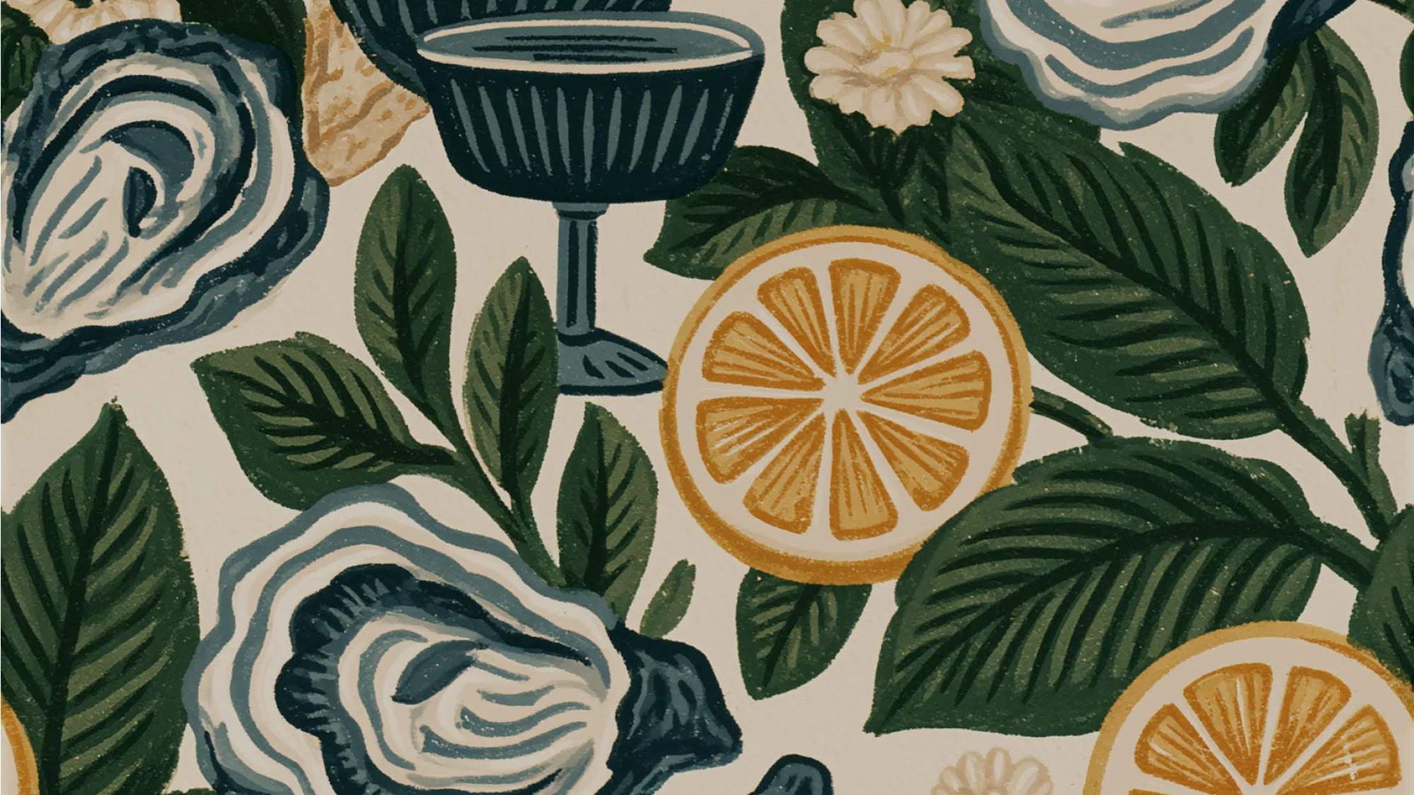 Illustration med ostron, citroner och cocktail – L'Apéro de Mister French
